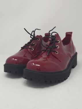 Chunky Platform Oxford Shoes Patent  Red Pat Trendy Lug Sole Lace Up